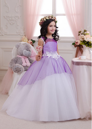 Purple Tulle Lace Keyhole Back Beaded Fashion Flower Girl Dress